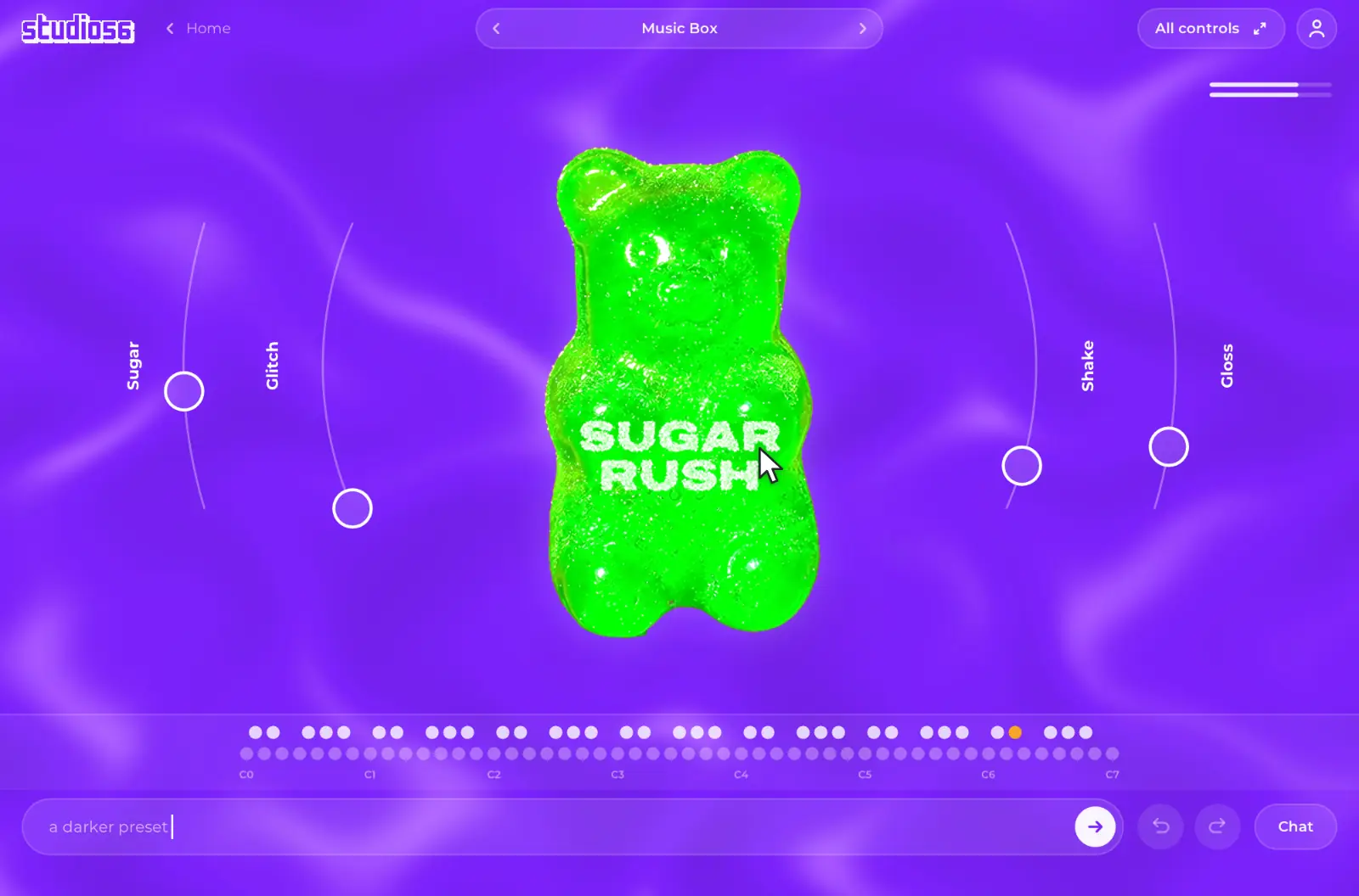 The Studio 56 plug-in. Sugar Rush plays on its moving cover. On Home, a sentence is typed: make me a hyperpop synth with lots of effects. The card makes Sugar Rush, and Open plays it.
